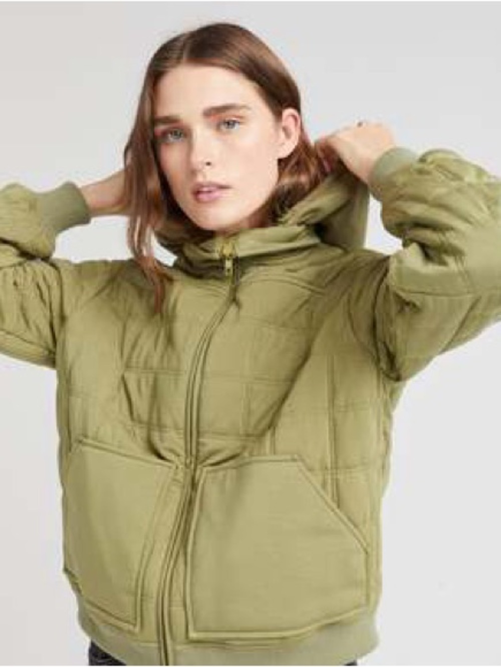 RICHER POORER quilted bomber olive green hooded puffer jacket / M